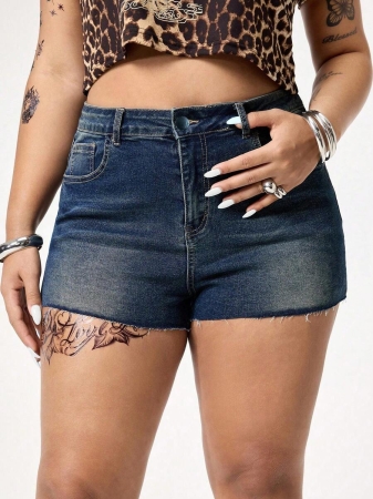 ROMWE Avant Y2K Baddie Koi Fish Rhinestone Letter Embroidery Super Low Waist Plus Size Women's Denim Shorts - Image 5