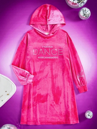 Whitney Houston X SHEIN Tween Girl Casual Long Sleeve Hooded Dress With Rhinestone & Letter Embroidery, Pink - Image 2