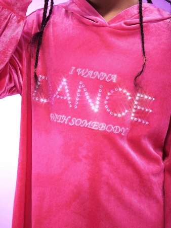 Whitney Houston X SHEIN Tween Girl Casual Long Sleeve Hooded Dress With Rhinestone & Letter Embroidery, Pink - Image 3