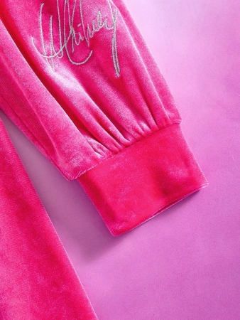 Whitney Houston X SHEIN Tween Girl Casual Long Sleeve Hooded Dress With Rhinestone & Letter Embroidery, Pink - Image 6