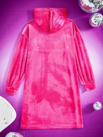 Whitney Houston X SHEIN Tween Girl Casual Long Sleeve Hooded Dress With Rhinestone & Letter Embroidery, Pink - Image 7