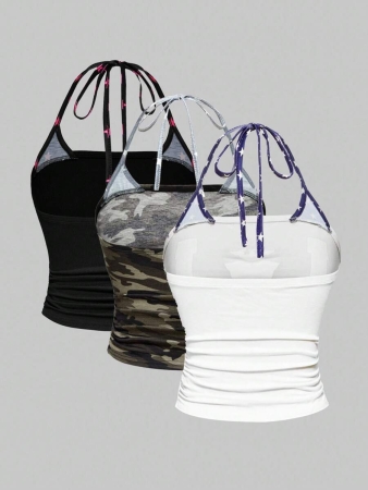 ROMWE J-Fashion Y2K Harajuku Style Rhinestone Embellished Camouflage Print Star & Flag Graphic Halter Neck Tank Top For Women - Image 3