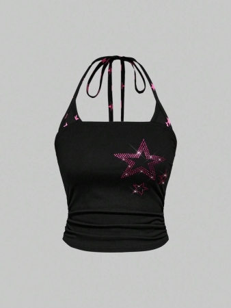 ROMWE J-Fashion Y2K Harajuku Style Rhinestone Embellished Camouflage Print Star & Flag Graphic Halter Neck Tank Top For Women - Image 4