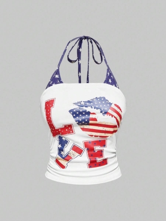 ROMWE J-Fashion Y2K Harajuku Style Rhinestone Embellished Camouflage Print Star & Flag Graphic Halter Neck Tank Top For Women - Image 6