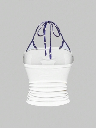 ROMWE J-Fashion Y2K Harajuku Style Rhinestone Embellished Camouflage Print Star & Flag Graphic Halter Neck Tank Top For Women - Image 7