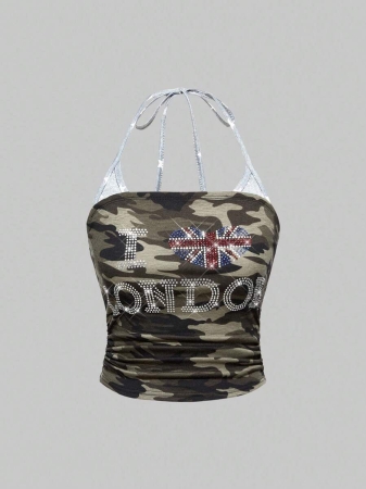 ROMWE J-Fashion Y2K Harajuku Style Rhinestone Embellished Camouflage Print Star & Flag Graphic Halter Neck Tank Top For Women - Image 8