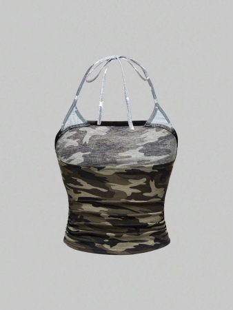 ROMWE J-Fashion Y2K Harajuku Style Rhinestone Embellished Camouflage Print Star & Flag Graphic Halter Neck Tank Top For Women - Image 9