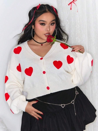ROMWE Kawaii Valentine's Love: Plus Size Cute & Sweet Heart Embroidered Cardigan - Image 2