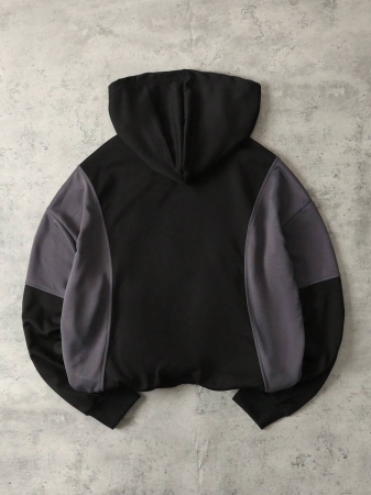 ROMWE MEN Street Life Men's Patchwork Contrast Color Hoodie, Retro Street Style, For Fall - Image 3