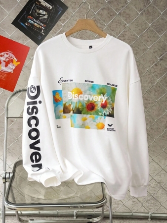Discovery X SHEIN Plus Size Letter & Floral Pattern White Crew Neck Long Sleeve Sweatshirt Graphic Sweatshirts Women Sweatshirts Long Sleeve Graphic Tshirt Discovery Sweatshirt Daisy Graphic Sweatshirt All White Sweatshirt Fall Women Clothes Outdoor Clothings Winter Clothes Fall Outfits Autumn - Image 2