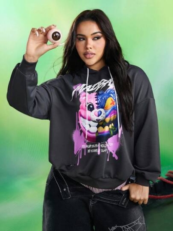 MADBALLS X SHEIN Plus Size Women's Summer Fall Autumn Y2k Cleanfit Atry Chic Cute Retro Vintage Casual Alternative Back To School Clothes Kawaii Streetwear Loose Cartoon & Slogan Graphic Dropped Shoulder Loose Drawstring Hoodie Winter Halloween