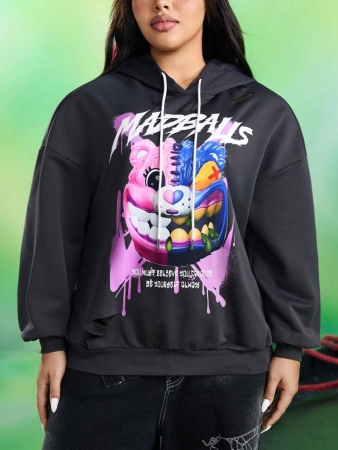 MADBALLS X SHEIN Plus Size Women's Summer Fall Autumn Y2k Cleanfit Atry Chic Cute Retro Vintage Casual Alternative Back To School Clothes Kawaii Streetwear Loose Cartoon & Slogan Graphic Dropped Shoulder Loose Drawstring Hoodie Winter Halloween - Image 4