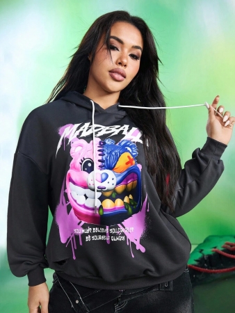 MADBALLS X SHEIN Plus Size Women's Summer Fall Autumn Y2k Cleanfit Atry Chic Cute Retro Vintage Casual Alternative Back To School Clothes Kawaii Streetwear Loose Cartoon & Slogan Graphic Dropped Shoulder Loose Drawstring Hoodie Winter Halloween - Image 5