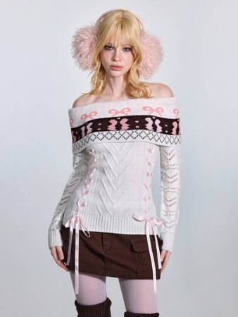 ROMWE Avant Women's Retro Sweetheart Minimalist Sexy Fair Isle Bow Tie Jacquard Ribbon Tie Off Shoulder Fitted Sweater