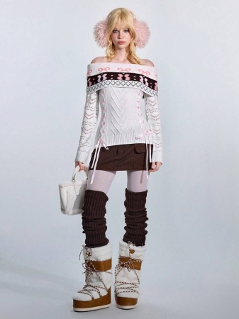 ROMWE Avant Women's Retro Sweetheart Minimalist Sexy Fair Isle Bow Tie Jacquard Ribbon Tie Off Shoulder Fitted Sweater - Image 3