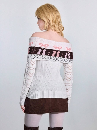 ROMWE Avant Women's Retro Sweetheart Minimalist Sexy Fair Isle Bow Tie Jacquard Ribbon Tie Off Shoulder Fitted Sweater - Image 4