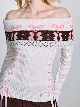ROMWE Avant Women's Retro Sweetheart Minimalist Sexy Fair Isle Bow Tie Jacquard Ribbon Tie Off Shoulder Fitted Sweater - Image 5