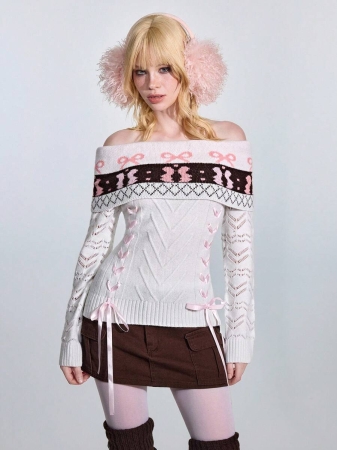 ROMWE Avant Women's Retro Sweetheart Minimalist Sexy Fair Isle Bow Tie Jacquard Ribbon Tie Off Shoulder Fitted Sweater - Image 6