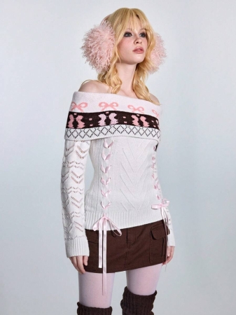 ROMWE Avant Women's Retro Sweetheart Minimalist Sexy Fair Isle Bow Tie Jacquard Ribbon Tie Off Shoulder Fitted Sweater - Image 7