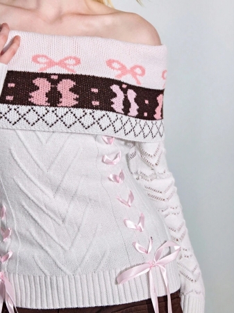 ROMWE Avant Women's Retro Sweetheart Minimalist Sexy Fair Isle Bow Tie Jacquard Ribbon Tie Off Shoulder Fitted Sweater - Image 8