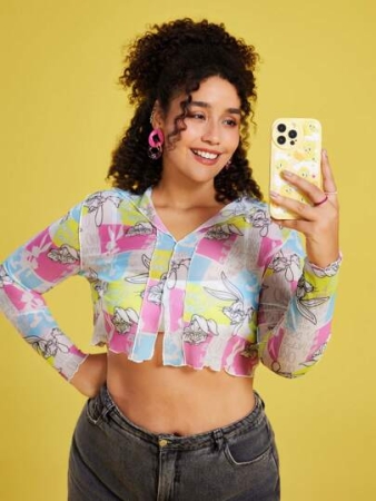 LOONEY TUNES X SHEIN Plus Size Women Casual Y2K Cute Cartoon Plaid Graphic Print Mesh Long Sleeve Fitted Crop Top , Spring And Summer