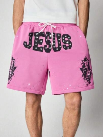 ROMWE MEN Prep Men's Front Tie Pocket Letter Print Casual Shorts