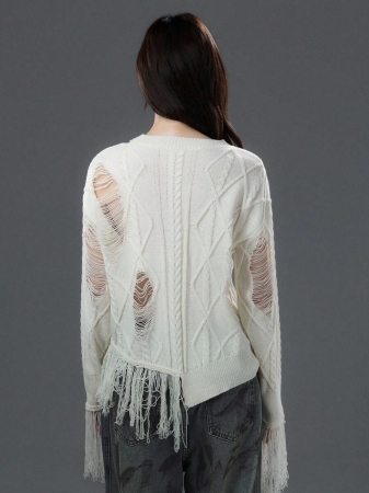 Bloopia Women's Fashion Crew Neck Distressed Long Sleeve Fringe Knit Pullover Sweater - Image 3