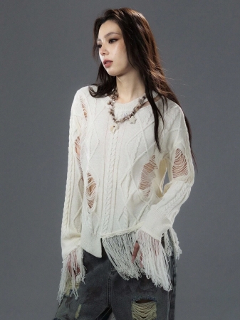 Bloopia Women's Fashion Crew Neck Distressed Long Sleeve Fringe Knit Pullover Sweater - Image 4
