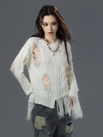 Bloopia Women's Fashion Crew Neck Distressed Long Sleeve Fringe Knit Pullover Sweater - Image 5