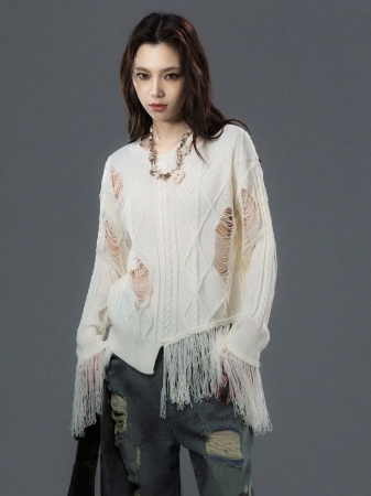 Bloopia Women's Fashion Crew Neck Distressed Long Sleeve Fringe Knit Pullover Sweater - Image 6