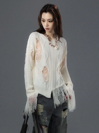 Bloopia Women's Fashion Crew Neck Distressed Long Sleeve Fringe Knit Pullover Sweater - Image 7