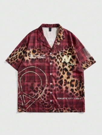 ROMWE MEN Grunge Punk Men's Patchwork Leopard Plaid Print Casual Shirt, Suitable For Spring/Summer