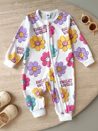 SmileyWorld® | SHEIN Baby Girls' Colorful Floral & Smiling Face All-Over Print Round Neck Contrast Color Zipper Front Jumpsuit, Autumn/Winter - Image 2