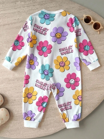 SmileyWorld® | SHEIN Baby Girls' Colorful Floral & Smiling Face All-Over Print Round Neck Contrast Color Zipper Front Jumpsuit, Autumn/Winter - Image 3