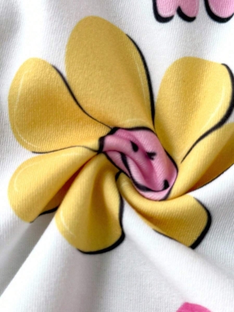 SmileyWorld® | SHEIN Baby Girls' Colorful Floral & Smiling Face All-Over Print Round Neck Contrast Color Zipper Front Jumpsuit, Autumn/Winter - Image 4