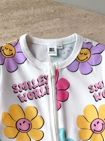 SmileyWorld® | SHEIN Baby Girls' Colorful Floral & Smiling Face All-Over Print Round Neck Contrast Color Zipper Front Jumpsuit, Autumn/Winter - Image 5