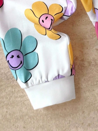 SmileyWorld® | SHEIN Baby Girls' Colorful Floral & Smiling Face All-Over Print Round Neck Contrast Color Zipper Front Jumpsuit, Autumn/Winter - Image 6