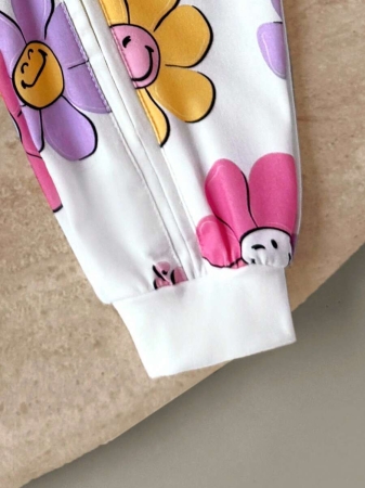 SmileyWorld® | SHEIN Baby Girls' Colorful Floral & Smiling Face All-Over Print Round Neck Contrast Color Zipper Front Jumpsuit, Autumn/Winter - Image 7