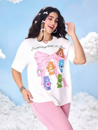 SHEIN X Care Bears Plus Size Bow & Cartoon Bear Graphic Round Neck Short Sleeve T-Shirt