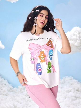 SHEIN X Care Bears Plus Size Bow & Cartoon Bear Graphic Round Neck Short Sleeve T-Shirt - Image 2