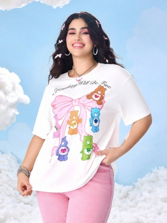 SHEIN X Care Bears Plus Size Bow & Cartoon Bear Graphic Round Neck Short Sleeve T-Shirt - Image 4