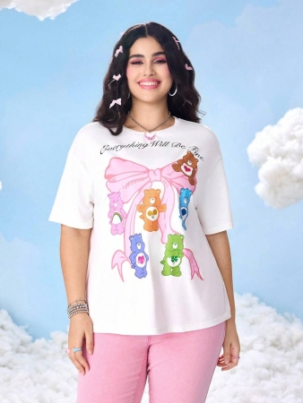 SHEIN X Care Bears Plus Size Bow & Cartoon Bear Graphic Round Neck Short Sleeve T-Shirt - Image 5