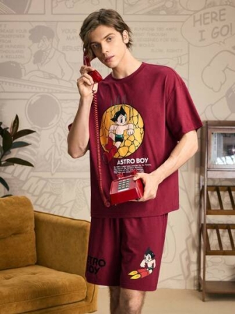 Astro Boy X SHEIN Men's Casual Cartoon Graphic Short Sleeve Top And Shorts Pajama Set, Summer