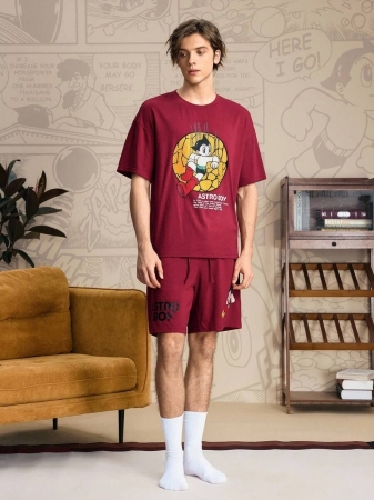 Astro Boy X SHEIN Men's Casual Cartoon Graphic Short Sleeve Top And Shorts Pajama Set, Summer - Image 4