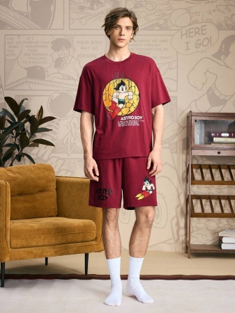 Astro Boy X SHEIN Men's Casual Cartoon Graphic Short Sleeve Top And Shorts Pajama Set, Summer - Image 5