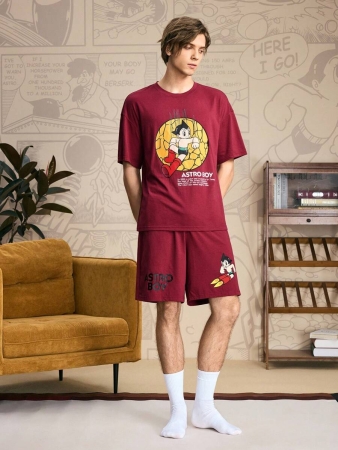Astro Boy X SHEIN Men's Casual Cartoon Graphic Short Sleeve Top And Shorts Pajama Set, Summer - Image 6