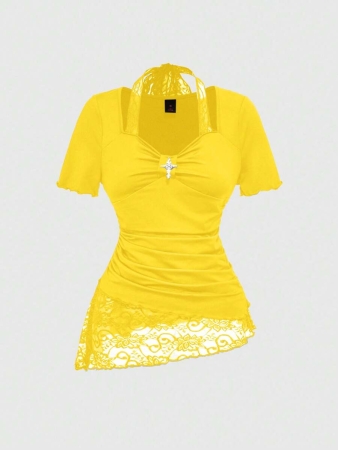 ROMWE Women's Lace Patchwork Asymmetrical Hem Lace Trim Halter Tie Waist T-Shirt - Image 2