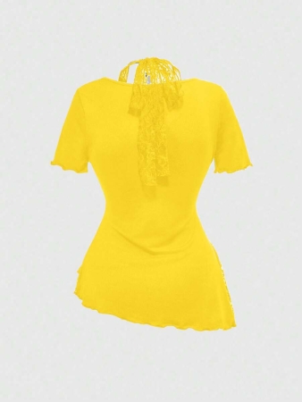 ROMWE Women's Lace Patchwork Asymmetrical Hem Lace Trim Halter Tie Waist T-Shirt - Image 3