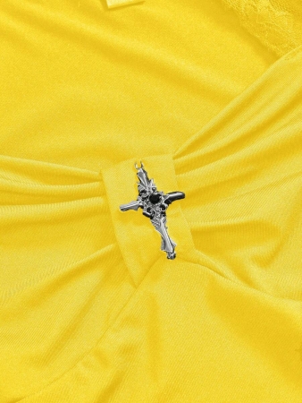 ROMWE Women's Lace Patchwork Asymmetrical Hem Lace Trim Halter Tie Waist T-Shirt - Image 4