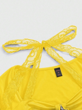 ROMWE Women's Lace Patchwork Asymmetrical Hem Lace Trim Halter Tie Waist T-Shirt - Image 5